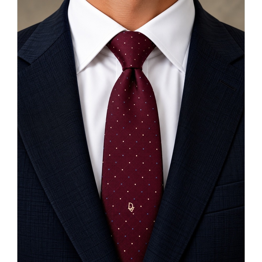 Christian Dior Cravates Mens Silk Tie Burgundy Polka Dot CD Logo Vintage